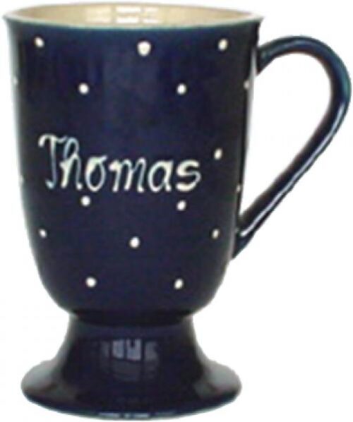 Fußtasse mit Schrift, handgemalte Keramik