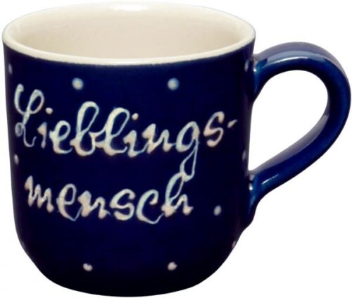 Kaffeebecher mit Schrift (2 Zeilen), handgemalte Keramik