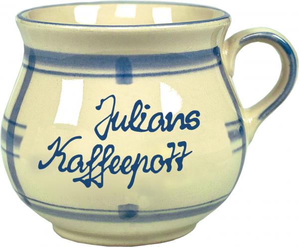 Mollytasse groß 0,4 mit Schrift (2 Zeilen) im Dekor Karo Blau