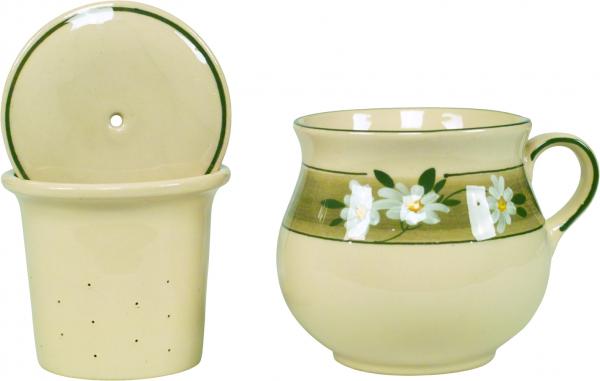 Mollytassen mit Sieb und Deckel im Dekor Margueritenblume
