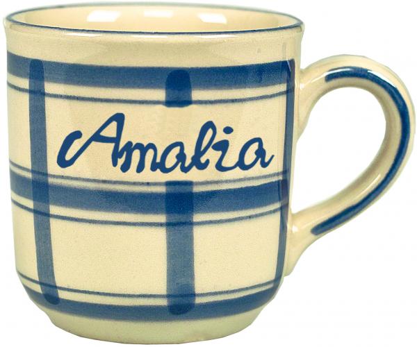 Namensbecher mit Schrift (1 Zeile) im Dekor Karo Blau