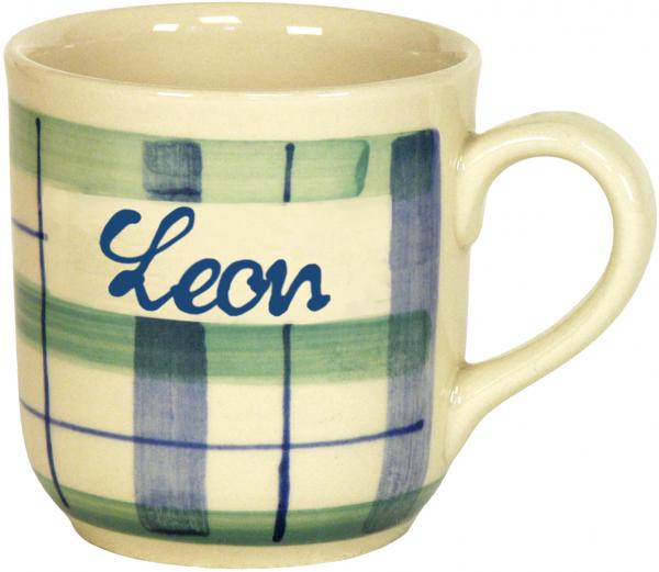 Namensbecher mit Schrift (1 Zeile) im Dekor Karo Grün-Blau