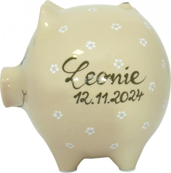 Sparschwein groß mit Schrift (2 Zeilen) im Dekor Gänseblümchen