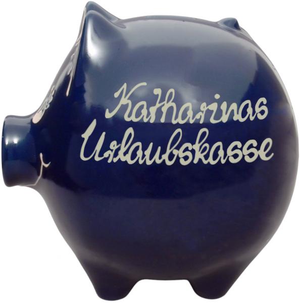 Sparschwein groß mit Schrift (2 Zeilen) im Dekor Glänzend Blau