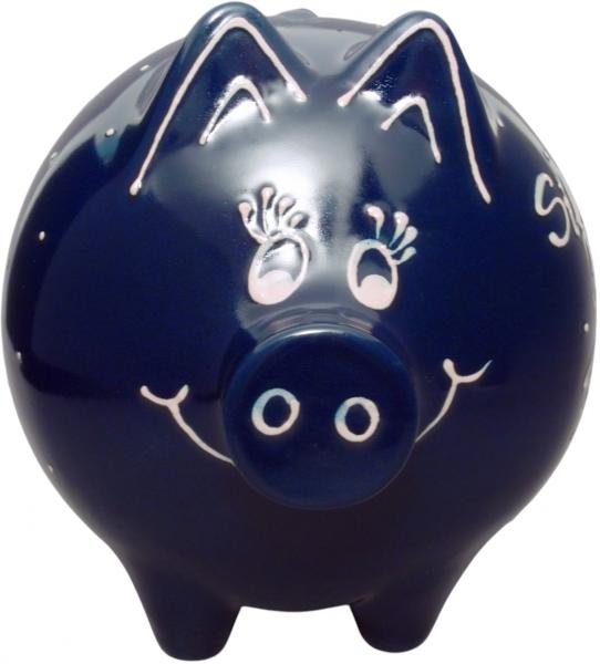 Sparschwein groß mit Schrift (2 Zeilen), handgemalte Keramik