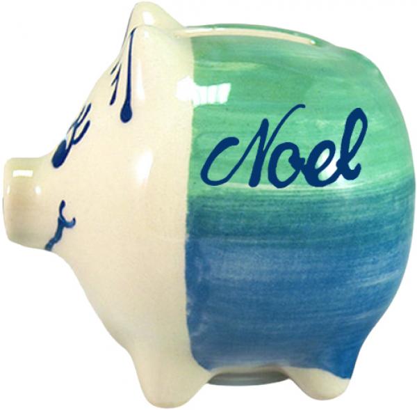 Sparschwein mittel mit Schrift (1 Zeile) im Dekor Aqua