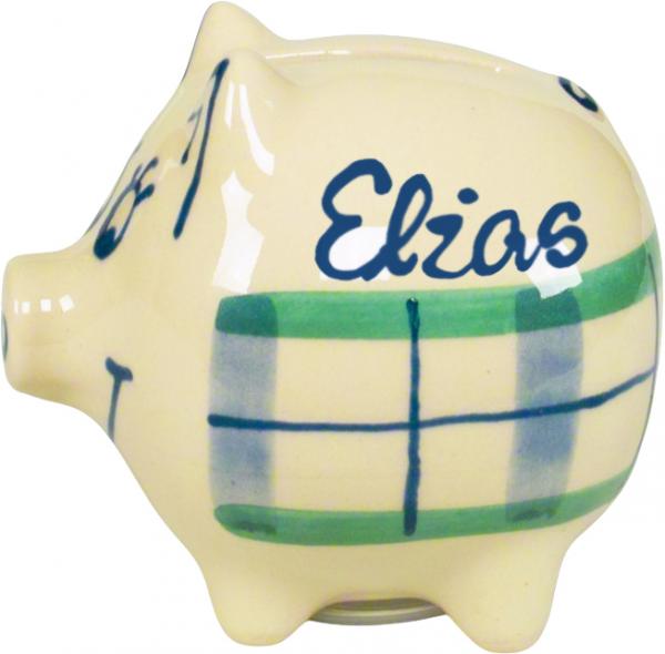 Sparschwein klein mit Schrift (1 Zeile) im Dekor Karo Grün-Blau