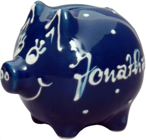 Sparschwein klein mit Schrift (1 Zeile), handgemalte Keramik